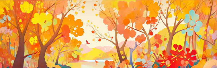 Obraz premium Autumn banner background, landscape panorama with colorful trees