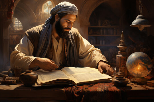 a Muslim guy engaged in intellectual pursuits, such as studying, reading, or conducting research, symbolizing his dedication to knowledge and education. Generative AI