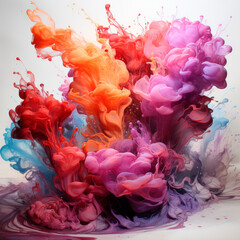 Abstract explosion of colors in paint splashes, isolated on white. Mixed liquid vivid flow, curved dynamic fluid for creative background - Generative AI