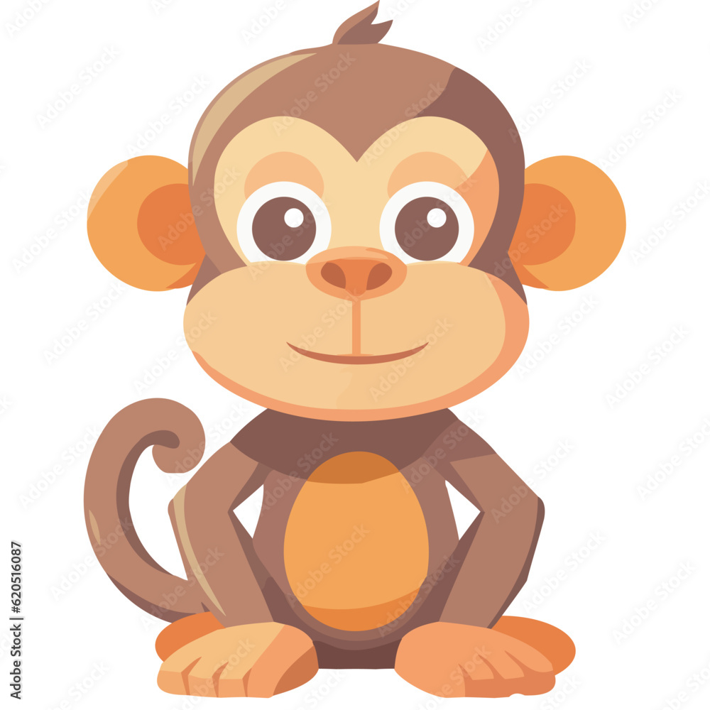 Poster cute monkey sitting, smiling, fun illustration of a primate