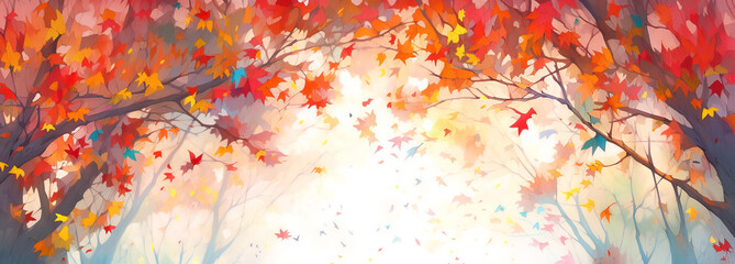 Branches of maple trees with falling red leaves, banner background with copy space. Digital illustration