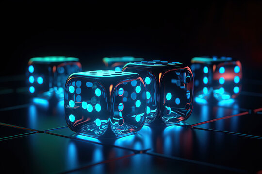 Futuristic floating neon dice, Glowing and full of energy, Casino gambling dice roll concept, 3D render, created with Generative AI	