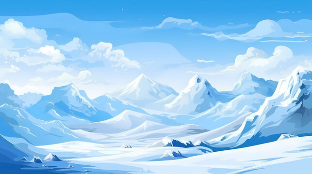 Hand drawn cartoon beautiful winter snow mountain illustration
