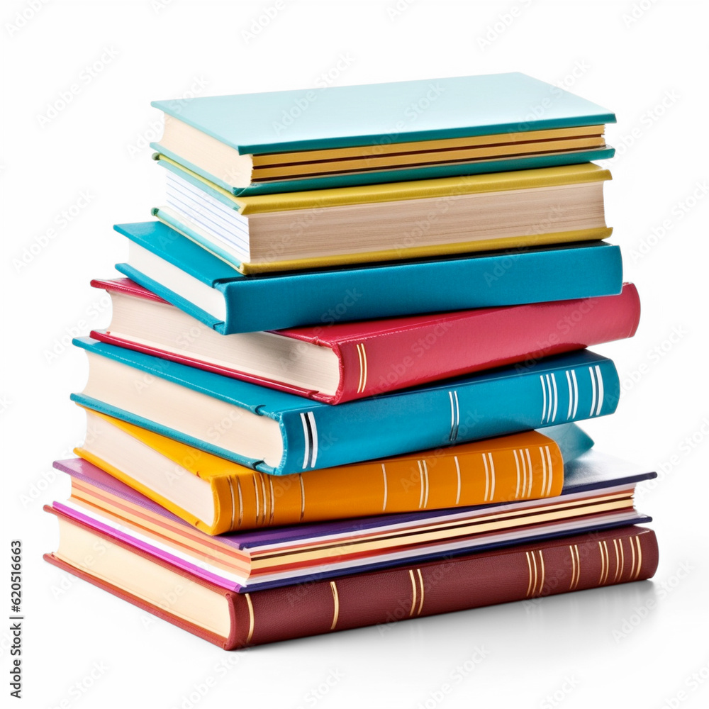 Poster a stack of colorful books on a white background. generative ai