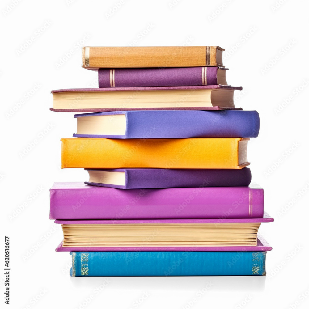 Poster a stack of colorful books on a white background. generative ai
