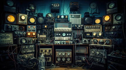 many old electronic instruments and vintage radios