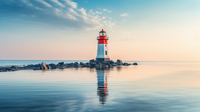 lighthouse on the sea with water reflections