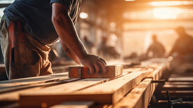 man working on wood planks on workshop factory