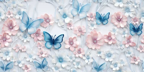 Foto op Plexiglas Machine Embroidery Design: Baby Shower Invitation, Butterflies and Flowers, AI Generate Seamless Background for Wedding Stationary, Greetings, Wallpapers, Fashion, Backgrounds, Wrappers, Cards, Print © Александр Паршин