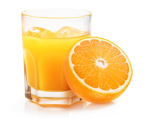 Orange juice in glass with ice and half of fresh orange fruit, isolated on white background
