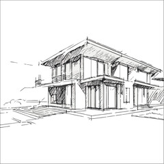 Sketch of a modern house on a white background. illustration