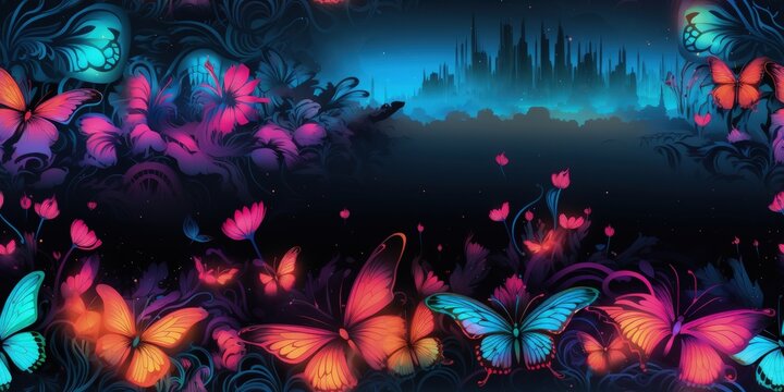 Machine Embroidery Design: Nightclub Flyer, Butterflies and Flowers, AI Generate Seamless Background for Wedding Stationary, Greetings, Wallpapers, Fashion, Backgrounds, Wrappers, Cards, Printing