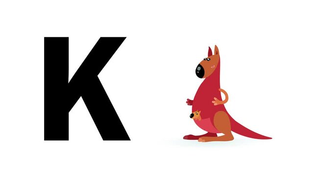 K letter big black like kangaroo cartoon animation. Animal loop. Educational serie with bold style character for children. Good for education movies, presentation, learning alphabet, etc...