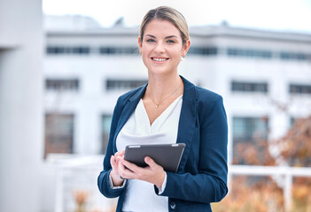 Business, outdoor and woman with a tablet, portrait and inspector with online checklist, website...