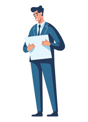 A successful businessman standing in an office, holding a document