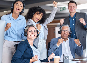Call center, team or happy people with success of winning telemarketing sales target or...