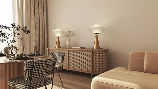 Neutral wooden living room with dried flowers and home decor. Modern interior background. 3d rendering illustration. 3d visualization. High quality 4k footage video