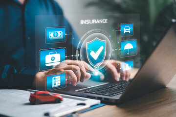 Standards quality control assurance warranty business technology concept, Businessman with insurance and car warranty icon on virtual screens financial and health insurance online technology