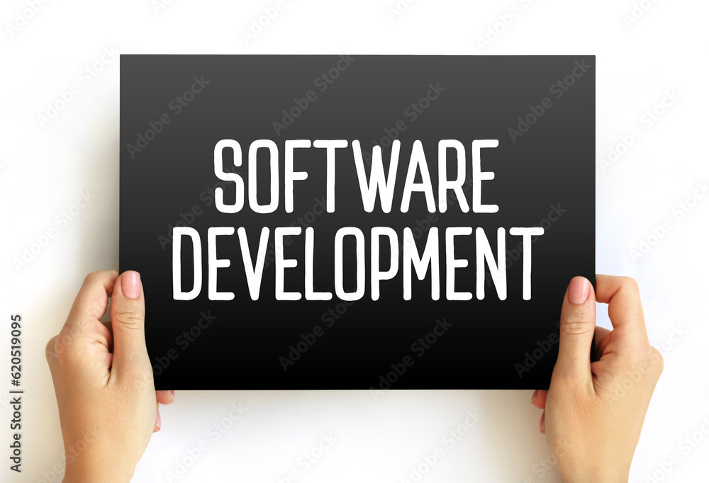 Poster Software Development - set of computer science activities dedicated to the process of creating, designing and supporting software, text concept on card