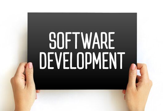 Software Development - set of computer science activities dedicated to the process of creating, designing and supporting software, text concept on card