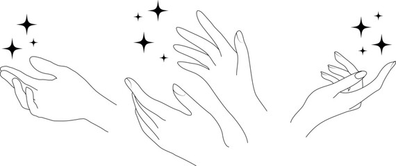 hand drawing sketch, Woman's hand holding  stars, magic mystical symbol. Abstract logo template for your design, line art style.hand drawing sketch, Woman's hand holding  stars, magic mystical symbol.