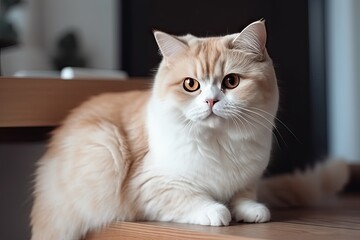 Obraz premium Fluffy Cat Sitting in a Lovely Living Room, Adorable Pet with Copy Space and Friendly Concept in the Background