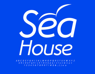Fototapeta na wymiar Vector advertising flyer Sea House. Modern Elegant Font. Creative Alphabet Letters and Numbers set
