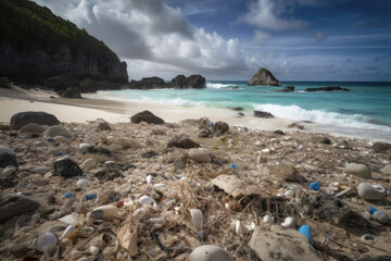 Fototapeta na wymiar tropical beach with a lot of garbage, plastic. environmental pollution. ecological problem. generative ai, generative