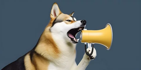 Fototapete Alte Türen Pet dog announcing using hand speaker. Notifying, warning, announcement. AI generated