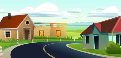 Road turn. house is beautiful. Summer village country landscape. Fun cartoon style. Vector