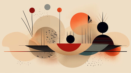 Modern Abstract Boho Art Poster Background or Wallpaper Print - Minimal Lines, Circles, Dashes, Swirls, and Geometric Layers - On Tan/Beige Background - Textured Paper Aesthetic - Generative AI
