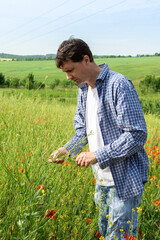 A male farmer checks the quality of sown rapeseed on a sunny summer day, summer field work, a field...