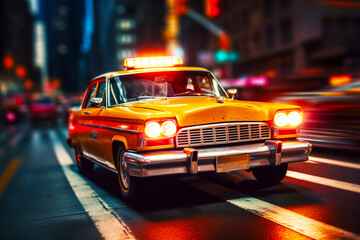 Fototapeta na wymiar Taxi cab driving down street next to traffic light at night. Generative AI.