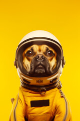 Dog wearing space suit with helmet on it's head. Generative AI.