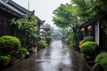 Street of the Chinese village with houses with pagodas. Rainy day. Photorealistic illustration of Generative AI.