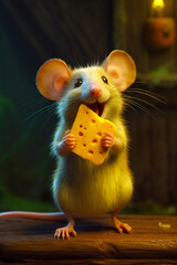 Mouse holding piece of cheese with its mouth open and it's mouth wide open. Generative AI.