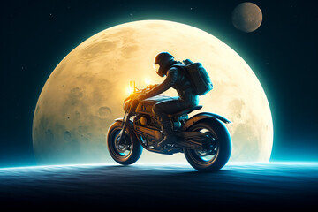 Man riding on the back of motorcycle in front of full moon. Generative AI.