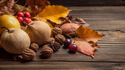Fototapeta na wymiar Autumn still life with fruits, nuts and leaves on wooden background. Generative AI.