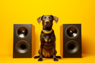 Dog sitting in front of two speakers on yellow background with yellow collar. Generative AI.
