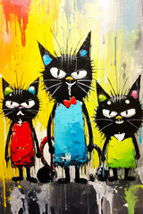 Image of three black cats standing in front of yellow and blue background. Generative AI.