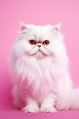 White cat with pink background is looking at the camera with serious look on its face. Generative AI.