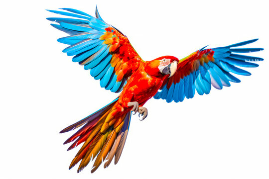 Colorful parrot flying through the air with it's wings spread out. Generative AI.