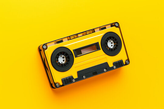Yellow and black cassette player on yellow background with white spot. Generative AI.