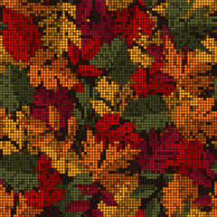 Pattern with overlapping colorful autumn leaves. Pixel retro effect. Dense composition with overlapping elements. Good for clothing, fabric, textile, surface design design.