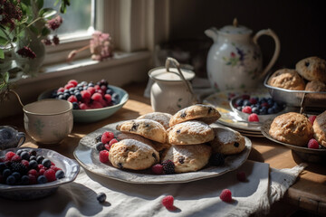 Fototapeta premium British cones with berry fruits, english breakfast or teatime. Generative Ai