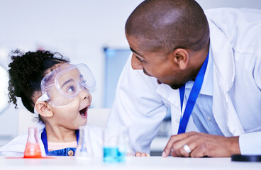 Chemistry, excited and father with child in laboratory for medical research, science and education....