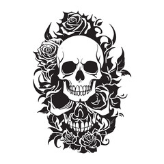 Black and white human skull and roses, illustration of human skull and roses for tattoo, print, t-shirt.