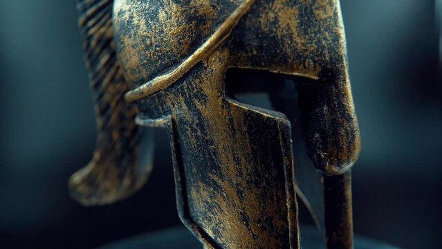 A close up macro cinematic shot of a spartan face design, warrior metal bronze helmet, on a rotating stand, studio lighting, Full HD video, Slow Motion 120 fps