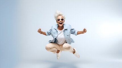 happy senior lady jumping, healthy old woman, fitness concept, age positive, diversity, acceptance, with copy space, ai generative