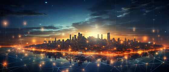 Fototapeta na wymiar Cityscape with graphic of network concept, sunset